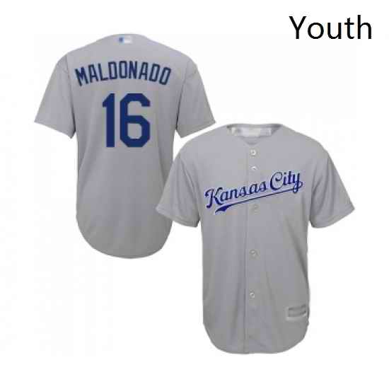 Youth Kansas City Royals 16 Martin Maldonado Replica Grey Road Cool Base Baseball Jersey